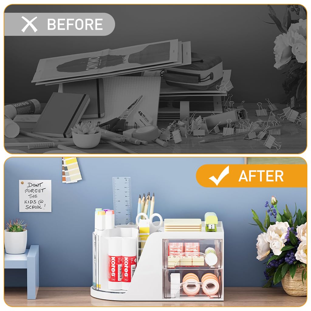 Climberty Desk Organizer with 2 Drawers, 360°Rotating Pen Holder for Desk, Desk Organizers and Accessories with 6 Slots Pencil Organizer + 2 Drawer, Art Supply Storage Box Caddy for Office (White) Climberty Desk Organizer with 2 Drawers, 360°Rotating Pen Holder for Desk, Desk Organizers and Accessories with 6 Slots Pencil Organizer + 2 Drawer, Art Supply Storage Box Caddy for Office (White)